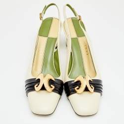 مملوكة مسبقًا Gucci Cream/Black Leather Usagi Half Moon GG Slingback Sandals Size 38.5