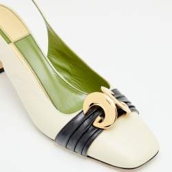 مملوكة مسبقًا Gucci Cream/Black Leather Usagi Half Moon GG Slingback Sandals Size 38.5