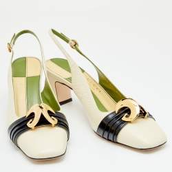 مملوكة مسبقًا Gucci Cream/Black Leather Usagi Half Moon GG Slingback Sandals Size 38.5