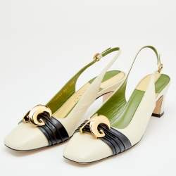 مملوكة مسبقًا Gucci Cream/Black Leather Usagi Half Moon GG Slingback Sandals Size 38.5