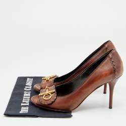 Pre Owned Gucci Brown Leather Horsebit Peep Toe Pumps Size 38