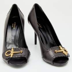 Pre Owned حذاء كعب عالي غوتشي جلد أسود مزين هورسبيت مقدمة مفتوحة مقاس 38