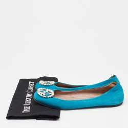 Gucci Blue Suede Crystal GG Ballet Flats Size 37.5