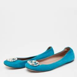 Gucci Blue Suede Crystal GG Ballet Flats Size 37.5