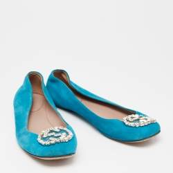 Gucci Blue Suede Crystal GG Ballet Flats Size 37.5