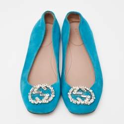 Gucci Blue Suede Crystal GG Ballet Flats Size 37.5