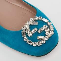 Gucci Blue Suede Crystal GG Ballet Flats Size 37.5