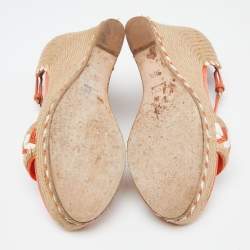 مملوكة مسبقًا Gucci Orange/Brown Leather And Raffia Woven Tiffany Espadrille Wedge Sandals Size 38.5