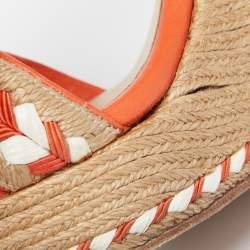 مملوكة مسبقًا Gucci Orange/Brown Leather And Raffia Woven Tiffany Espadrille Wedge Sandals Size 38.5