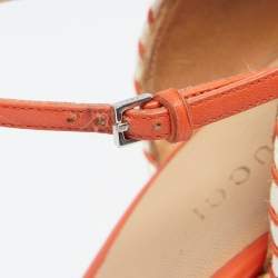 مملوكة مسبقًا Gucci Orange/Brown Leather And Raffia Woven Tiffany Espadrille Wedge Sandals Size 38.5