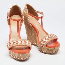 مملوكة مسبقًا Gucci Orange/Brown Leather And Raffia Woven Tiffany Espadrille Wedge Sandals Size 38.5