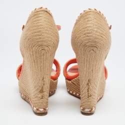 مملوكة مسبقًا Gucci Orange/Brown Leather And Raffia Woven Tiffany Espadrille Wedge Sandals Size 38.5