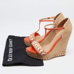 مملوكة مسبقًا Gucci Orange/Brown Leather And Raffia Woven Tiffany Espadrille Wedge Sandals Size 38.5