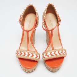 مملوكة مسبقًا Gucci Orange/Brown Leather And Raffia Woven Tiffany Espadrille Wedge Sandals Size 38.5
