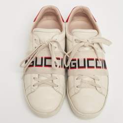 Pre Owned Gucci Cream/Red Leather Ace  Band Low Top Sneakers Size 37