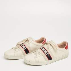 Pre Owned Gucci Cream/Red Leather Ace  Band Low Top Sneakers Size 37