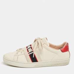 Pre Owned Gucci Cream/Red Leather Ace  Band Low Top Sneakers Size 37