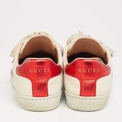 Pre Owned Gucci Cream/Red Leather Ace  Band Low Top Sneakers Size 37