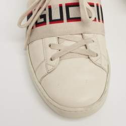 Pre Owned Gucci Cream/Red Leather Ace  Band Low Top Sneakers Size 37