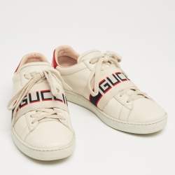Pre Owned Gucci Cream/Red Leather Ace  Band Low Top Sneakers Size 37