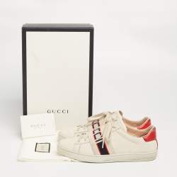 Pre Owned Gucci Cream/Red Leather Ace  Band Low Top Sneakers Size 37