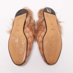 Pre Owned حذاء سلايد فلات غوتشي برينستاون فرو مبطن وكانفاس GG بيج / بني مقاس 36