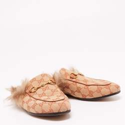 Pre Owned حذاء سلايد فلات غوتشي برينستاون فرو مبطن وكانفاس GG بيج / بني مقاس 36