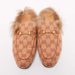 Pre Owned  حذاء سلايد فلات غوتشي برينستاون فرو مبطن وكانفاس GG بيج / بني مقاس 36
