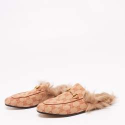 Pre Owned حذاء سلايد فلات غوتشي برينستاون فرو مبطن وكانفاس GG بيج / بني مقاس 36