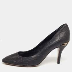 Pre Owned Gucci Black Guccissima Leather Adina Horsebit Pumps Size 37.5