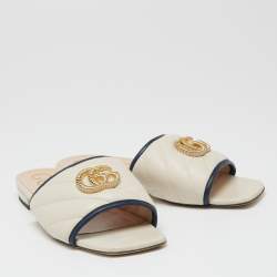 Pre Owned Gucci Cream/Blue Quilted Leather Double G Slide Flat Sandals Size 36