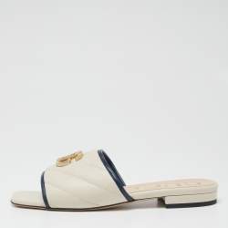 Pre Owned Gucci Cream/Blue Quilted Leather Double G Slide Flat Sandals Size 36