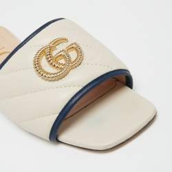 Pre Owned Gucci Cream/Blue Quilted Leather Double G Slide Flat Sandals Size 36