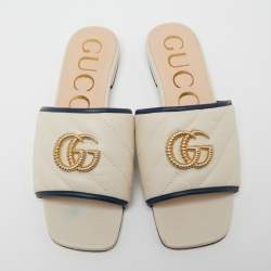 Pre Owned Gucci Cream/Blue Quilted Leather Double G Slide Flat Sandals Size 36
