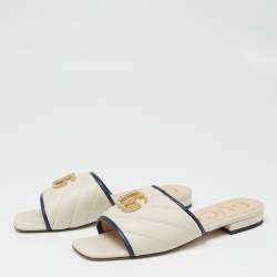 Pre Owned Gucci Cream/Blue Quilted Leather Double G Slide Flat Sandals Size 36