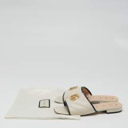 Pre Owned Gucci Cream/Blue Quilted Leather Double G Slide Flat Sandals Size 36