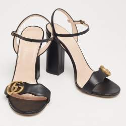 Pre Owned Gucci Black Leather GG Marmont Ankle-Strap Sandals Size 37