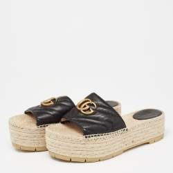 Pre Owned Gucci Black Leather GG Logo Platform Espadrille Sandals Size 38