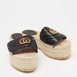 Pre Owned Gucci Black Leather GG Logo Platform Espadrille Sandals Size 38