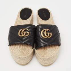 Pre Owned Gucci Black Leather GG Logo Platform Espadrille Sandals Size 38