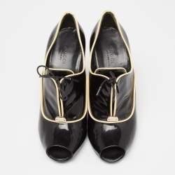 Pre Owned حذاء بوت كاحل غوتشي نيوتون جلد لامع أسود مقدمة مفتوحة 39.5