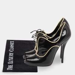 Pre Owned حذاء بوت كاحل غوتشي نيوتون جلد لامع أسود مقدمة مفتوحة 39.5