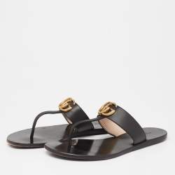 Pre Owned Gucci Black Leather GG Marmont Thong Flats Size 36
