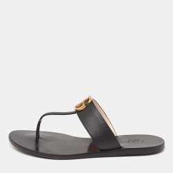 Pre Owned Gucci Black Leather GG Marmont Thong Flats Size 36