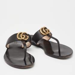 Pre Owned Gucci Black Leather GG Marmont Thong Flats Size 36