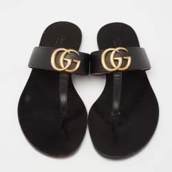 Pre Owned Gucci Black Leather GG Marmont Thong Flats Size 36