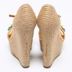 Gucci Gold/Beige Jute And Leather Carolina Wedge Sandals Size 36