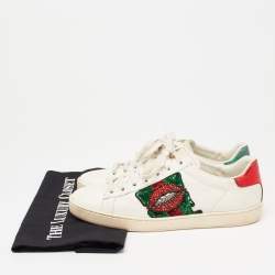 Pre Owned Gucci White Leather Sequins And Crystal Lips Ace Low Top Sneakers Size 37