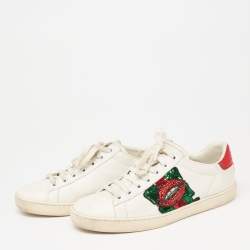 Pre Owned Gucci White Leather Sequins And Crystal Lips Ace Low Top Sneakers Size 37