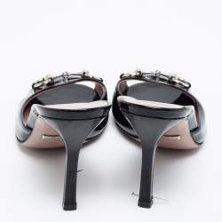 Gucci Black Patent Leather  Horsebit Slide Sandals Size 36